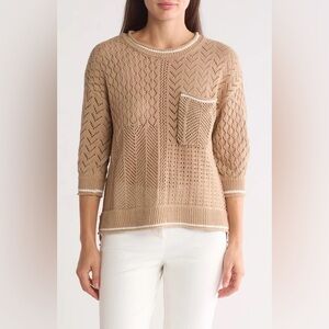 Democracy Pointelle Tipped Sweater Size Large Crewneck 3/4 Sleeve New